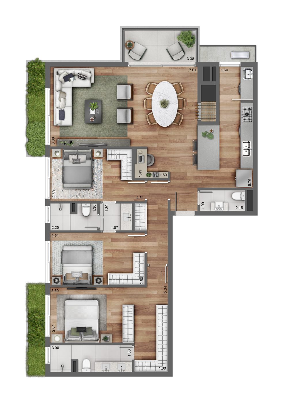 Planta do final 1 do Ares Soledade, 131 m² com 3 suítes