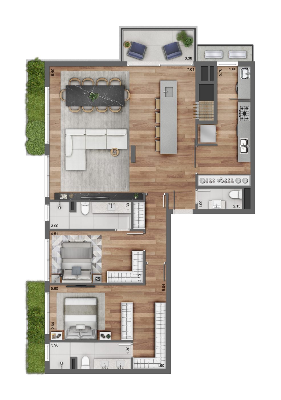 Planta do final 1 do Ares Soledade, 131 m² com 2 suítes e living ampliado