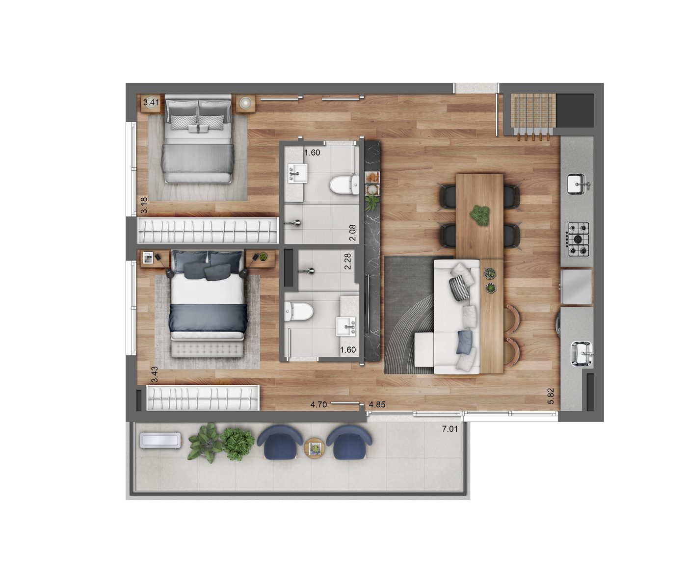 Planta do final 3 do Ares Soledade, 80 m² com 2 suítes